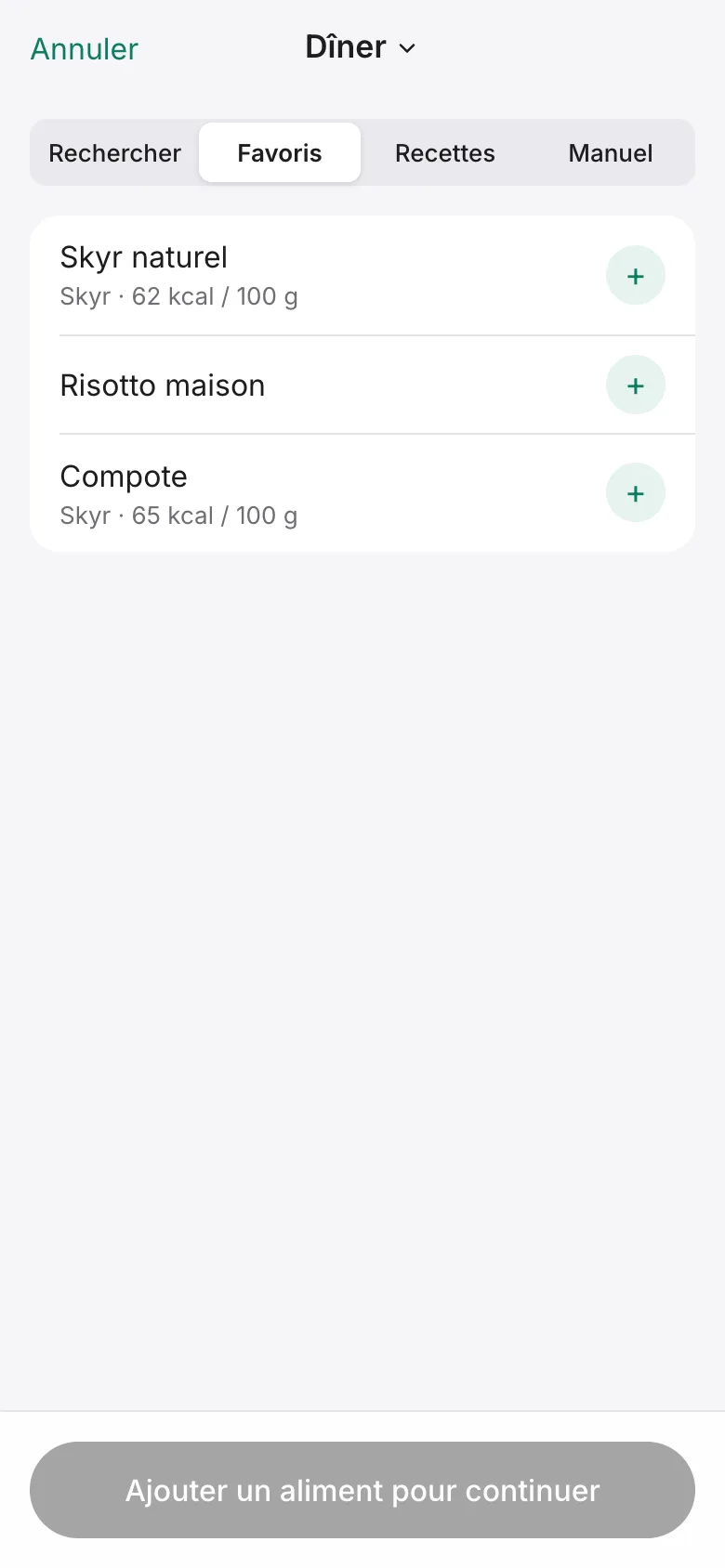 Ajout d'un repas : favoris, recherche, scan